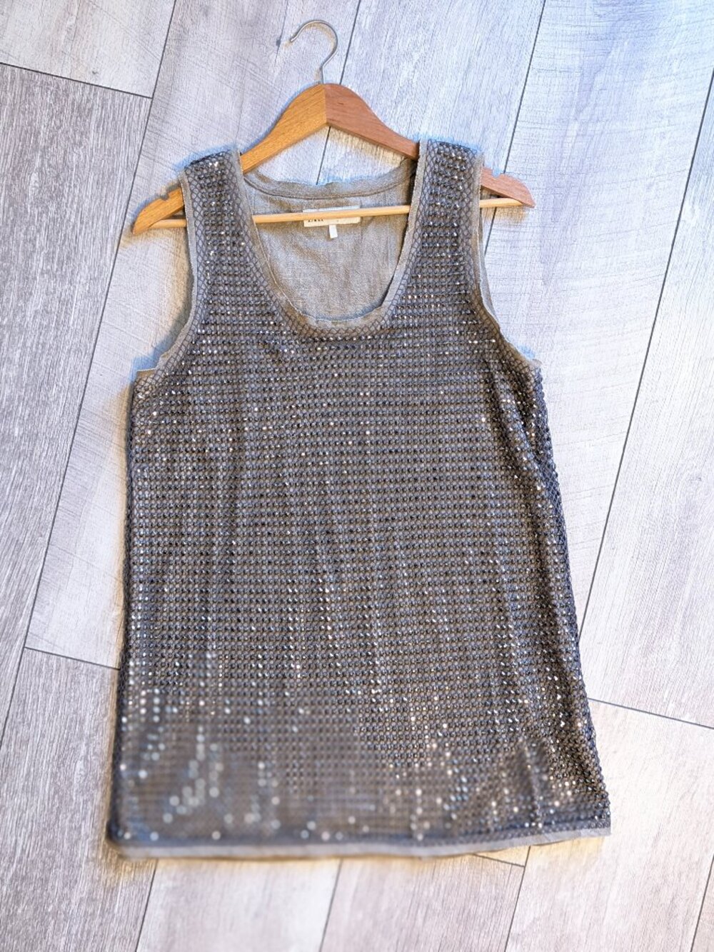 Zara Studded Mesh Khaki Mini Dress Sleeveless Shift L ZW Collection Modern Glam - Picture 7 of 15